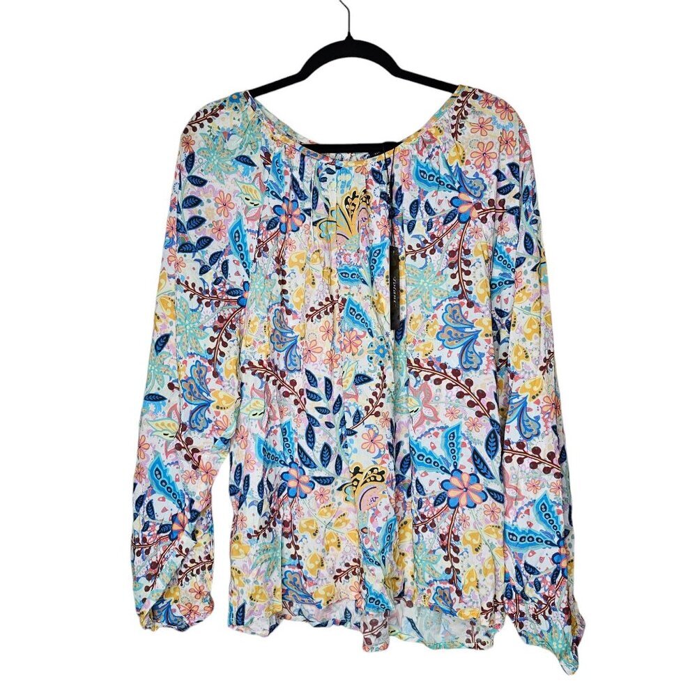 Tolani Collection Size Large Colorful Artsy Floral Long Puff Sleeve Blouse Top - Picture 2 of 8
